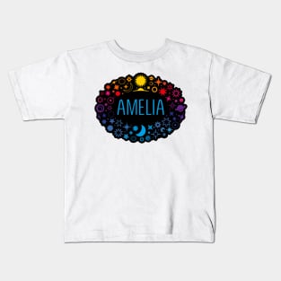 Amelia name surrounded by space Kids T-Shirt